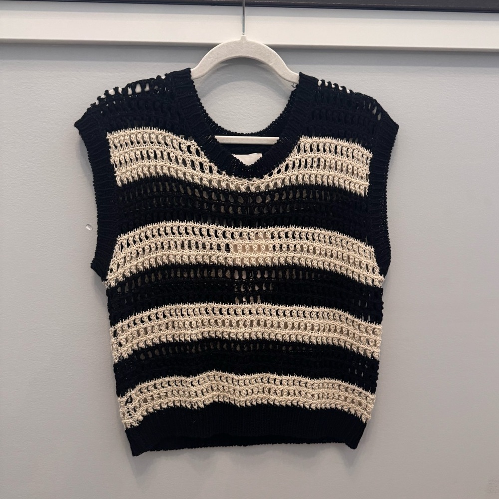 NWT Black & Cream Crochet Stripe Knit Vest by a. ren.